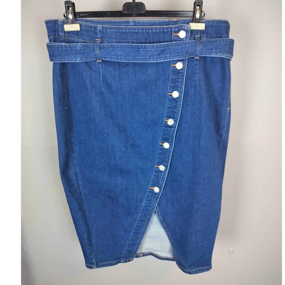Addition Elle Premium Denim Belted Button Front Skirt Size 20 Blue Midi Wrap